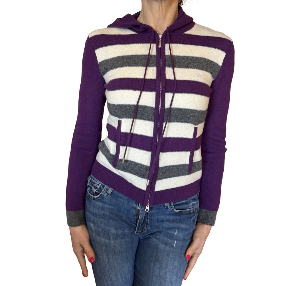 Vintage Escada Wool Cashmere Cardigan Hooded  Zip Sweater Jacket Purple Stripe S